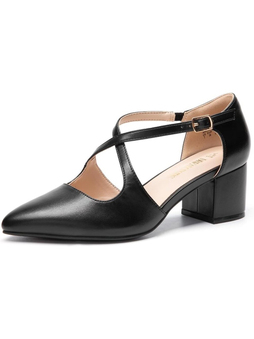Women's Closed Pointed Toe Heels Dress Black Chunky Cross Strap Block Pumps